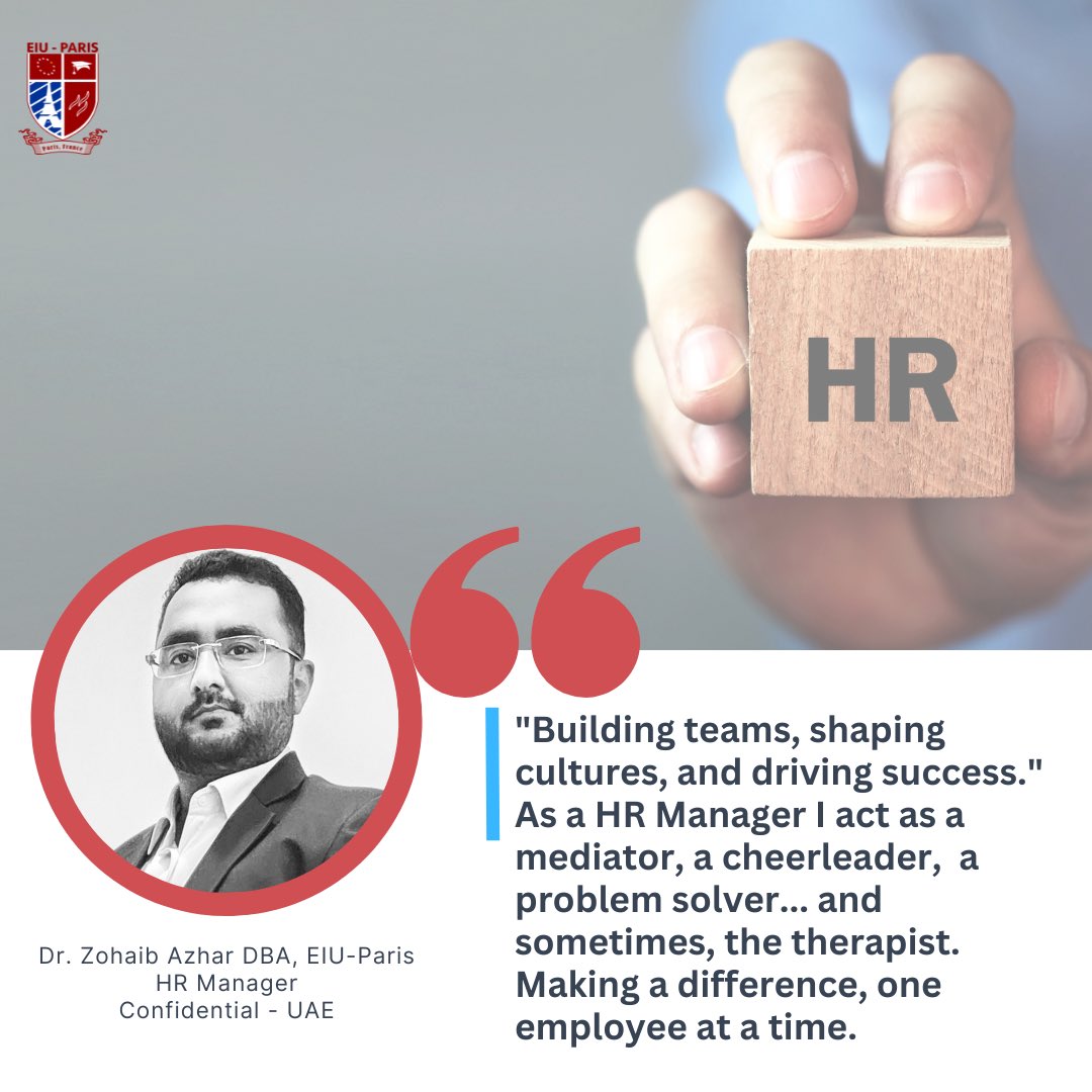 PARIS_EIU's tweet photo. “The DBA program’s rigorous curriculum at EIU-Paris enabled me to lead transformative initiatives in the HR field worldwide”, 𝘿𝙧. 𝙕𝙤𝙝𝙖𝙞𝙗 𝘼𝙯𝙝𝙖𝙧

 Read more
👉🏻 https://t.co/WKpR0AkFxa

#eiuparis #studentfeature #hr #education #humanresource https://t.co/18wyCjavyo