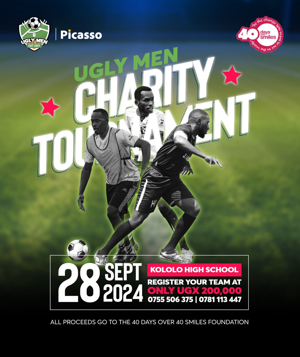 UglyMen2017's tweet photo. Join us for the #UglyMen Charity Football Tournament where we’re not just playing for fun but making a difference! All proceeds will go to the 40 Days over 40 Smiles Foundation @40days_40smiles to support their incredible work. Let’s kick for a cause! ⚽️ #UglyMen4Good https://t.co/hgdIU3u926