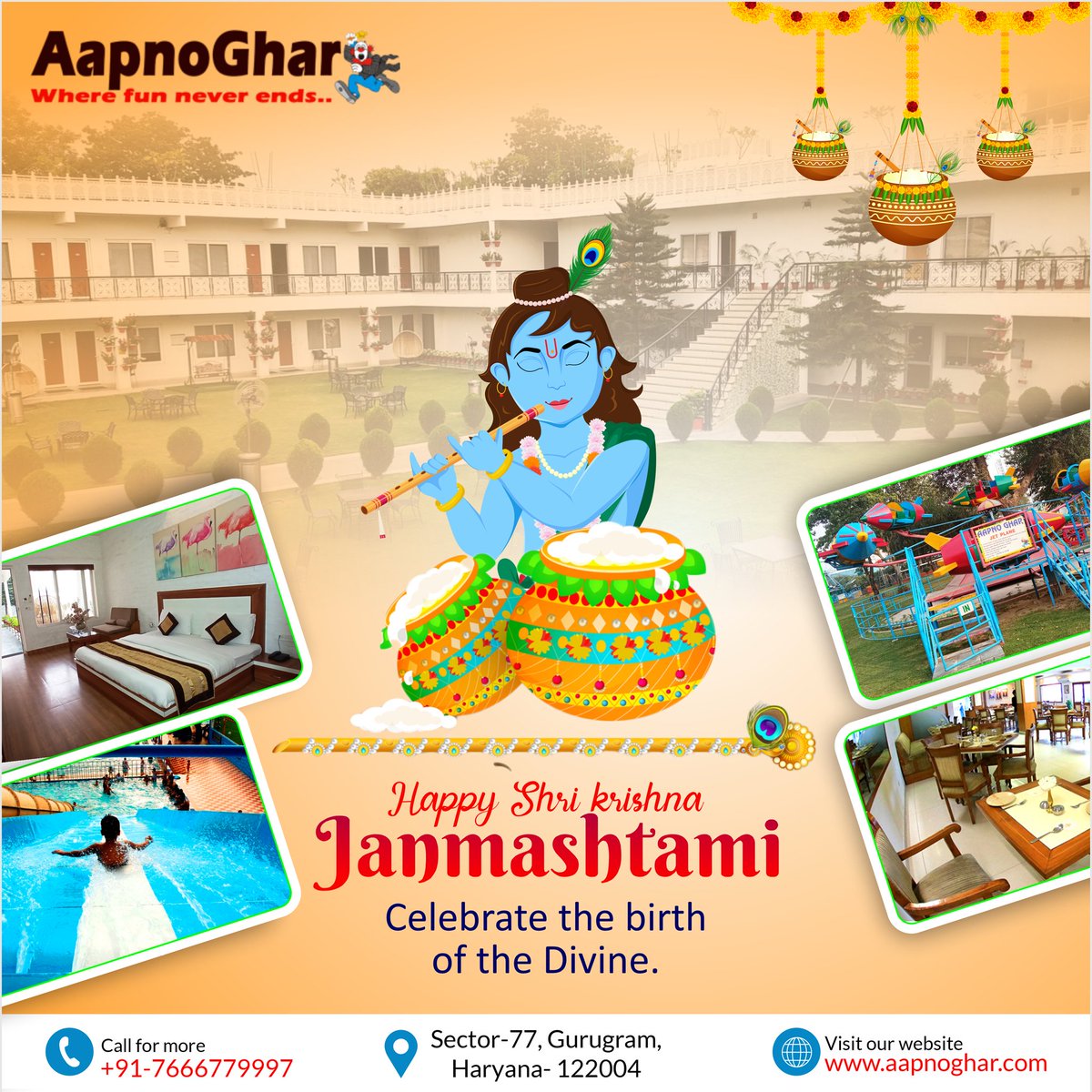Join us at 𝐀𝐚𝐩𝐧𝐨𝐆𝐡𝐚𝐫 𝐑𝐞𝐬𝐨𝐫𝐭 for a 𝐉𝐚𝐧𝐦𝐚𝐬𝐡𝐭𝐚𝐦𝐢 celebration that's as sweet as makhan and as mischievous as 𝐊𝐫𝐢𝐬𝐡𝐧𝐚 himself!
#aapnoghar #JANAMASHTAMI #krishnajanamashtami #krishna #resort #gurgaonresorts #gurgaon #janamashtamispecial #festival