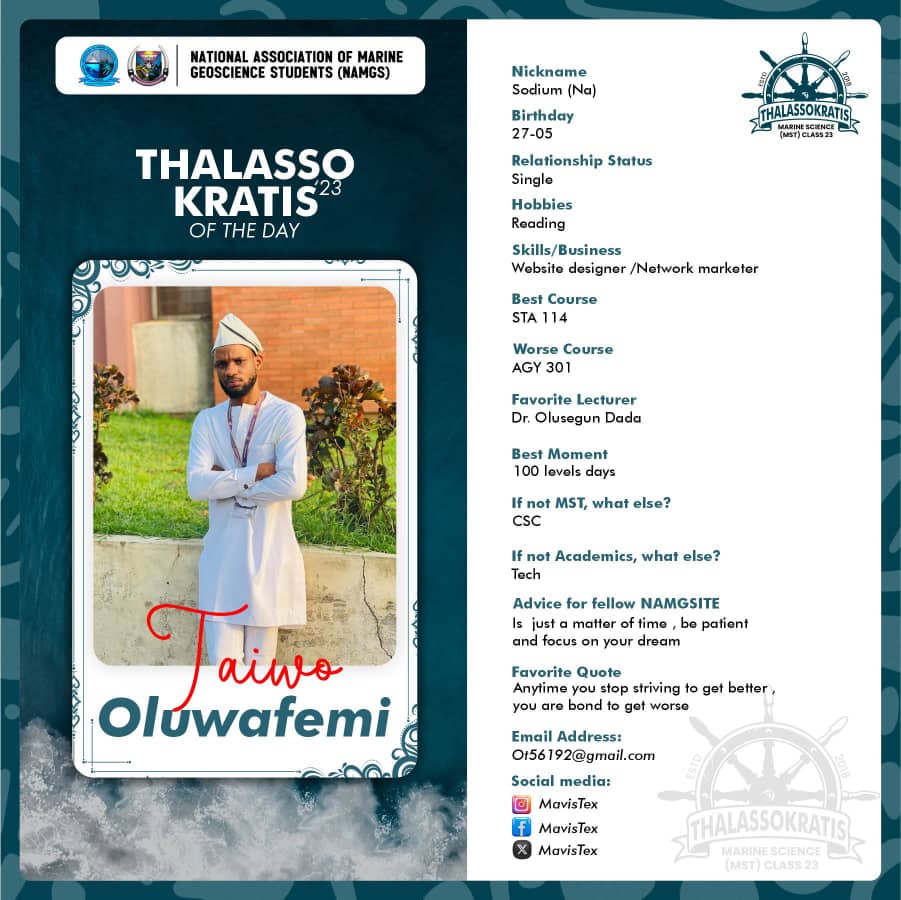 Mstclass23's tweet image. Meet Taiwo Oluwanifemi, aka Sodium, our Thalassokratis of the Day! 

He's a calm, gentle &amp;amp; easygoing tech guru, web designer &amp;amp; investor with a heart of gold. Balancing work &amp;amp; academics with diligence, he's a true professional.

 Congratulations, Sodium! #Thalassokratis