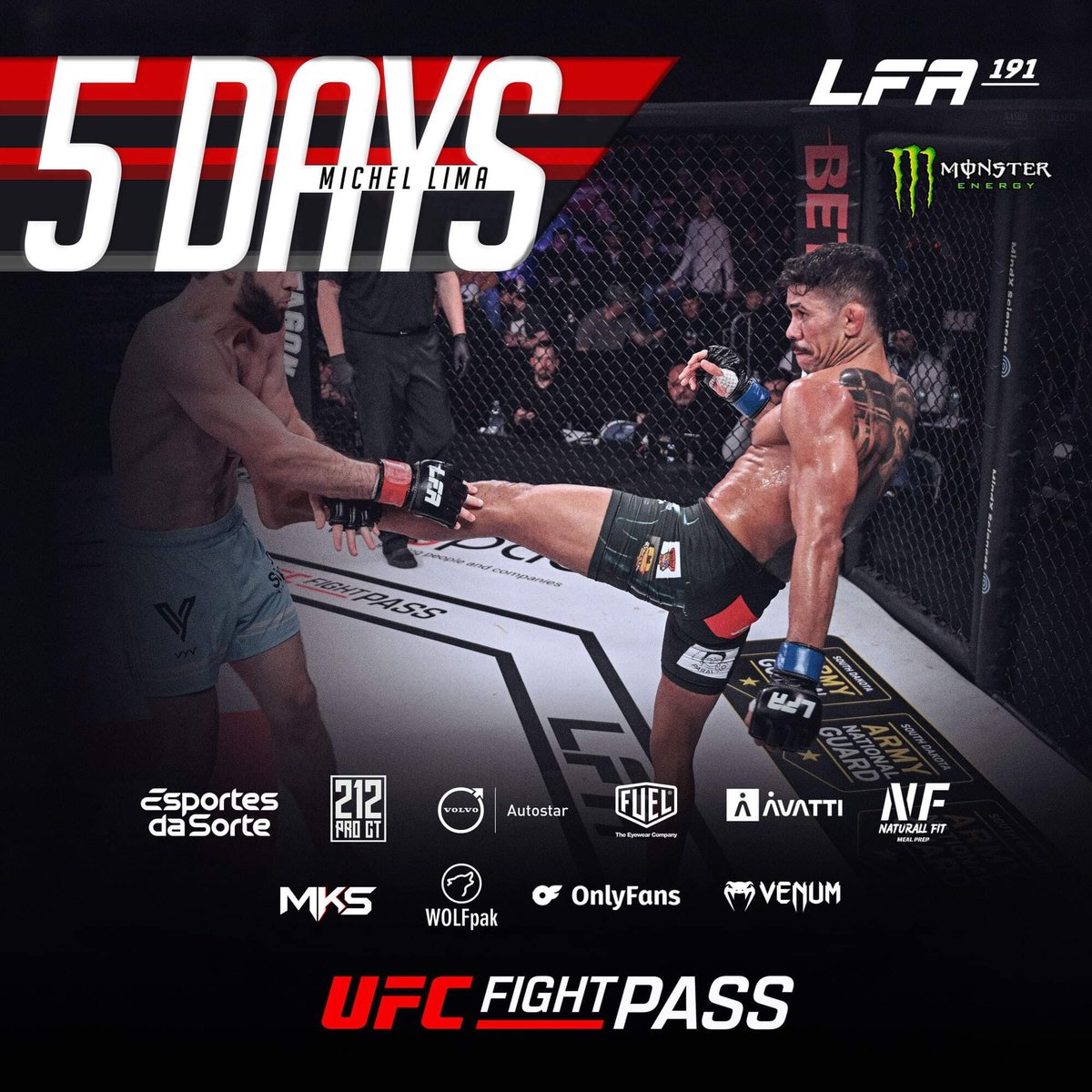 LFAfighting's tweet photo. In 5 Days, top prospect #MichelLima returns to the LFA Octagon at #LFA191! 🇧🇷
Friday, August 30
#GinasioDoPolvilho
#Cajamar, #SaoPaulo, #Brazil
🎥: https://t.co/FER5y8bRJP…
#MMA
#LFANation
@UFCFightPass https://t.co/slH0qd91Pg