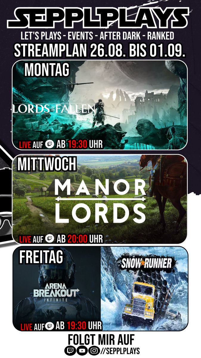 Grüße euch 😉
kurz und knapp, der #Streamplan für diese Woche 

Hier gehts zur Live Aktion:
twitch.tv/sepplplays

#ContentCreator #Youtubecreator #YouTube #YouTubeDE #Twitch #TwitchDE #streamplan  #Information #Streamplan