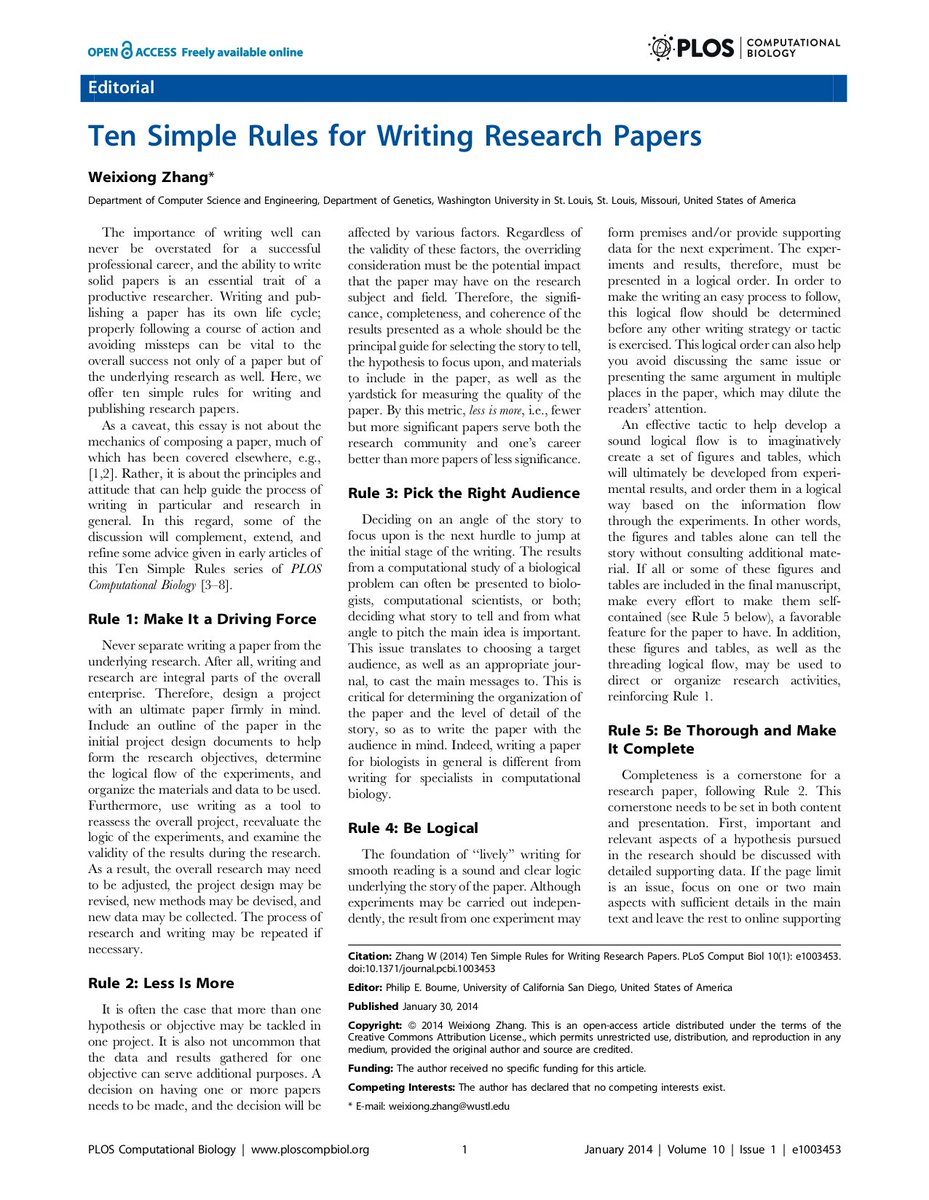 Ten Simple Rules for Writing Research Papers (1/2)