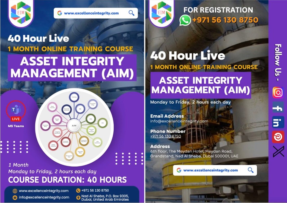 Excellence99479's tweet image. Enhance your expertise with our 40-hour live online course in Asset Integrity Management! 

Join us Monday to Friday for 2-hour sessions each day via MS Teams. 

#assetintegrity #onlinetraining #livecourse #engineering #maintenance #professionaldevelopment #trainingcourse