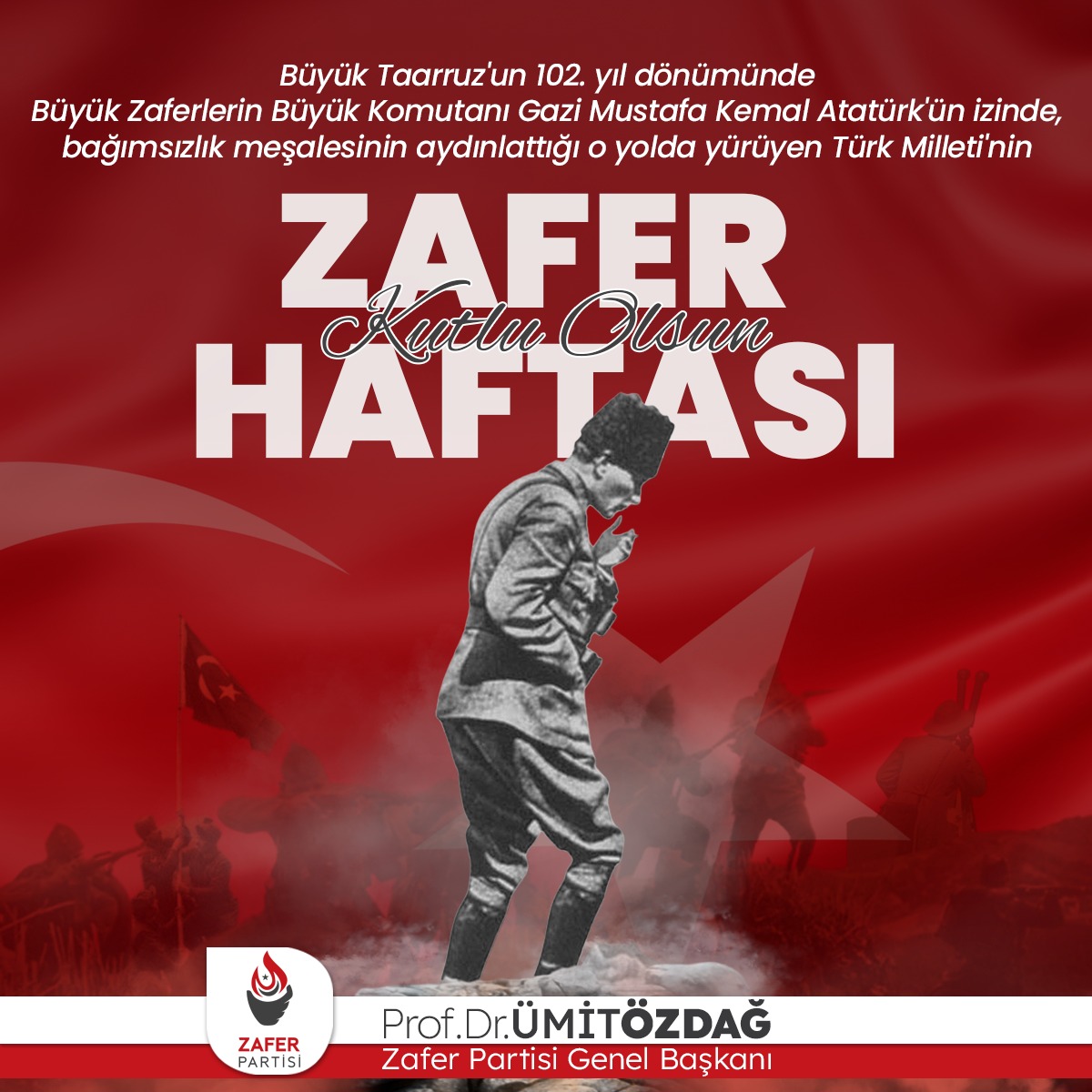 Büyük Taarruz'un 102. yıl dönümünde, Büyük Zaferlerin Büyük Komutanı Gazi Mustafa Kemal Atatürk'ün izinde, bağımsızlık meşalesinin aydınlattığı o yolda yürüyen Türk Milleti'nin #ZaferHaftası kutlu olsun!