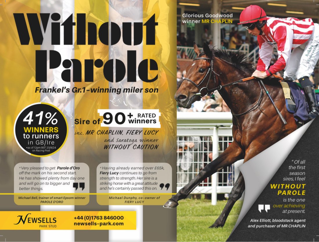 🗣️ WITHOUT PAROLE is a striking horse with a great attitude and he’s certainly passed this on -  Michael Dunphy

✨ 41% w/r in GB/IRE!

Don’t miss his yearlings <a href="/GoffsUK/">Goffs UK</a> from <a href="/NattonHouseTb/">NattonHouseTB</a> (Lot 52), Ashbrooke Stud (207) &amp; <a href="/FollandBowen/">Folland-Bowen Bloodstock</a> (404) #WithoutParole #TheFrankelFactor