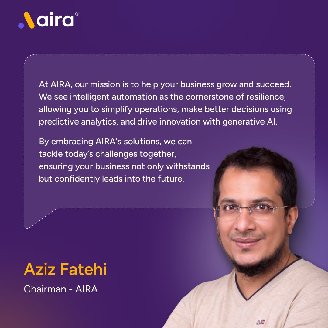 Aira_RPA's tweet photo. Intelligent automation is the key to unlocking your business's full potential.
Aziz, Chairman of AIRA, shares insights on how embracing AI-driven solutions can simplify operations, enhance decision-making, and drive innovation.

https://t.co/x6tbHD3cHR

#IntelligentAutomation #AI https://t.co/sdliE774ky