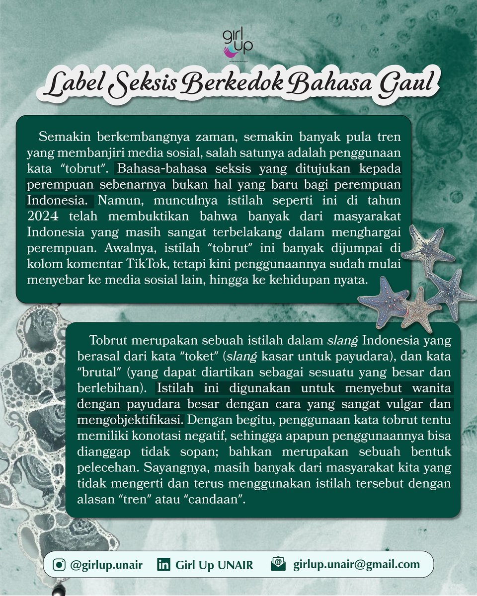 girlup_unair's tweet photo. [Istilah "Tobrut" : Sebuah Tren Lain yang Ikut Melanggengkan Objektifitas terhadap Perempuan 👭]

Semakin berkembangnya zaman, semakin banyak pula tren yang membanjiri media sosial, salah satunya adalah penggunaan kata "tobrut". (1/3) https://t.co/FxcvDvnoPQ