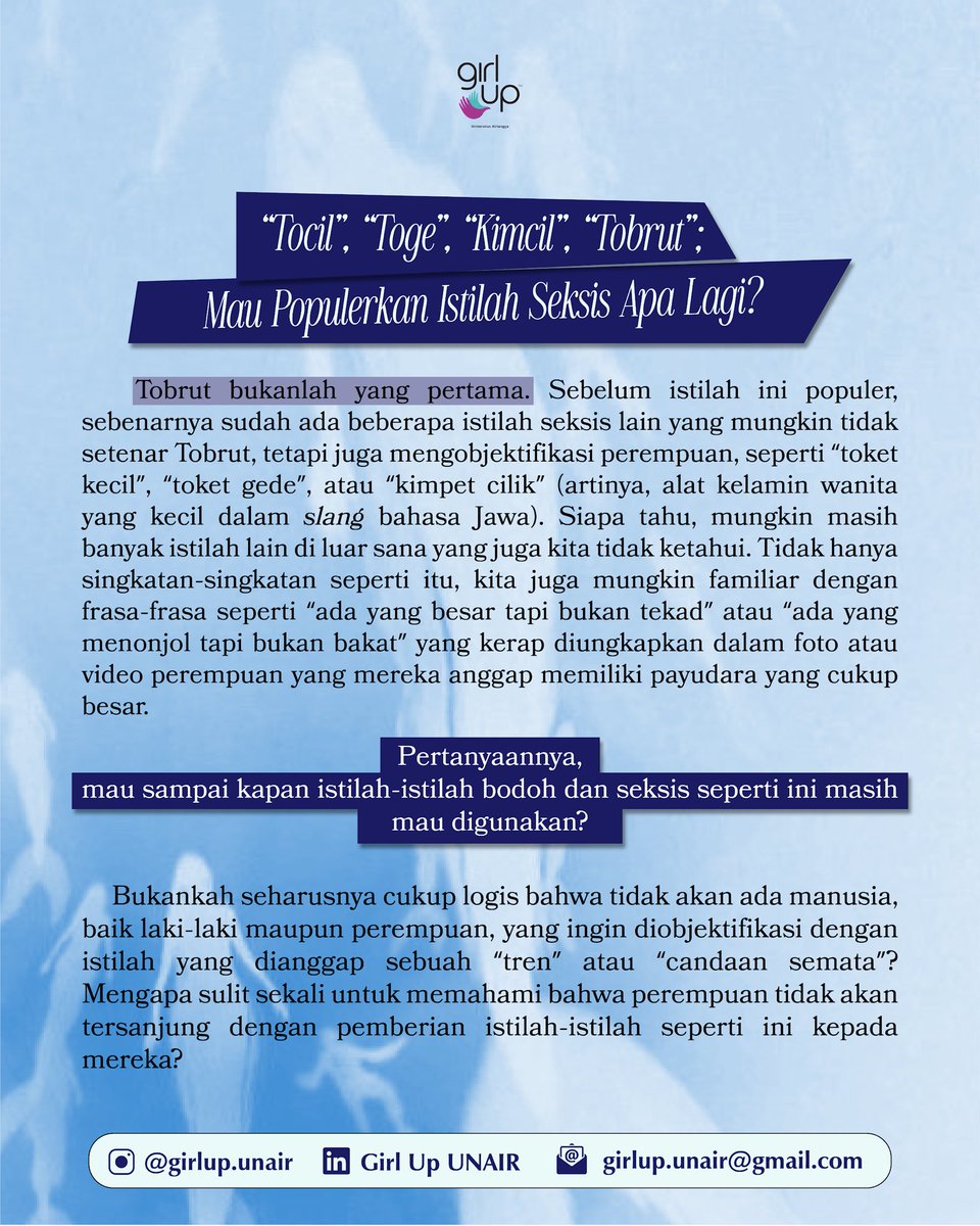 girlup_unair's tweet photo. [Istilah "Tobrut" : Sebuah Tren Lain yang Ikut Melanggengkan Objektifitas terhadap Perempuan 👭]

Semakin berkembangnya zaman, semakin banyak pula tren yang membanjiri media sosial, salah satunya adalah penggunaan kata "tobrut". (1/3) https://t.co/FxcvDvnoPQ