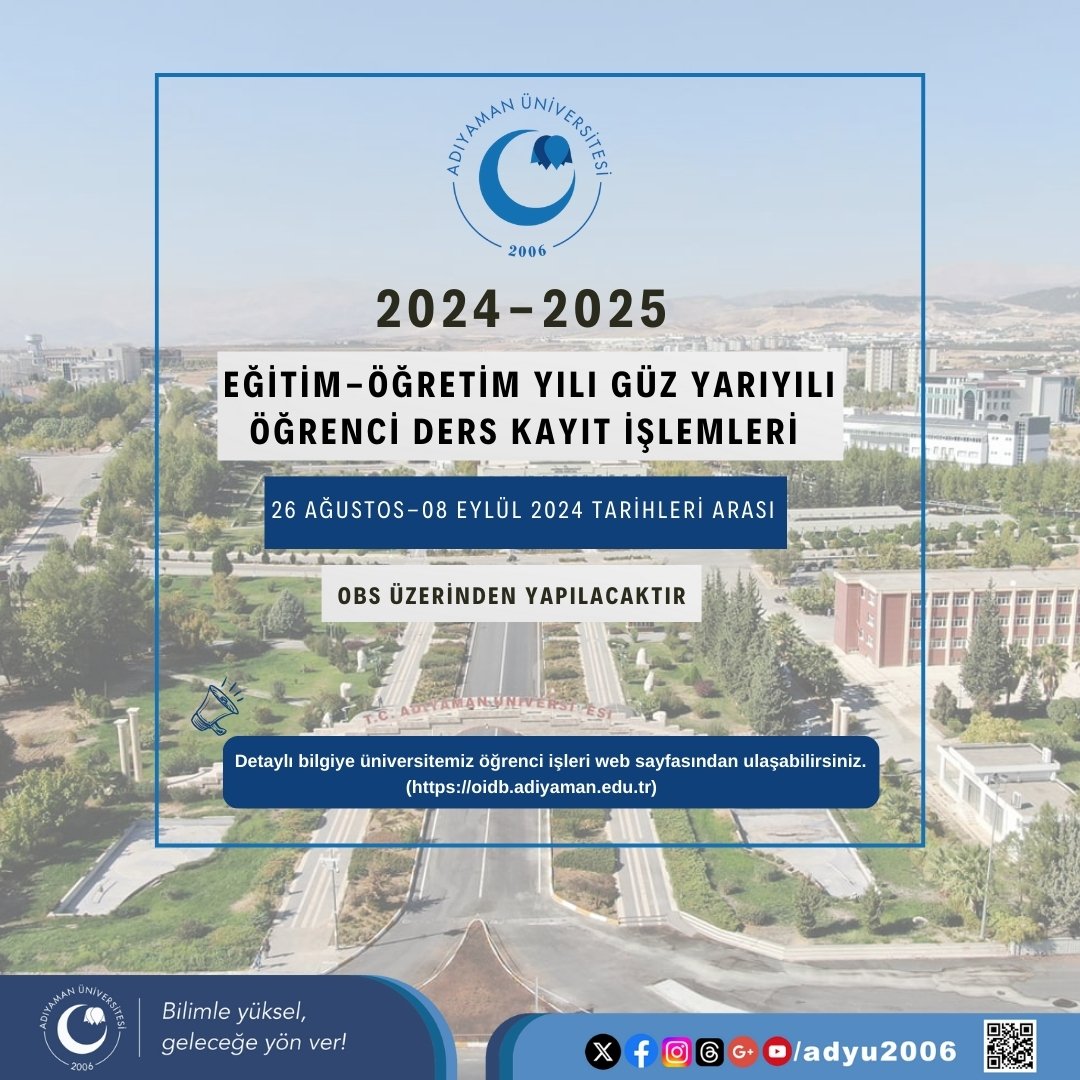 📢 2024-2025 Eğitim-Öğretim Yılı Güz Yarıyılı Öğrenci Ders Kayıt İşlemleri Başladı 📝

#AdıyamanÜniversitesi #Kayıt