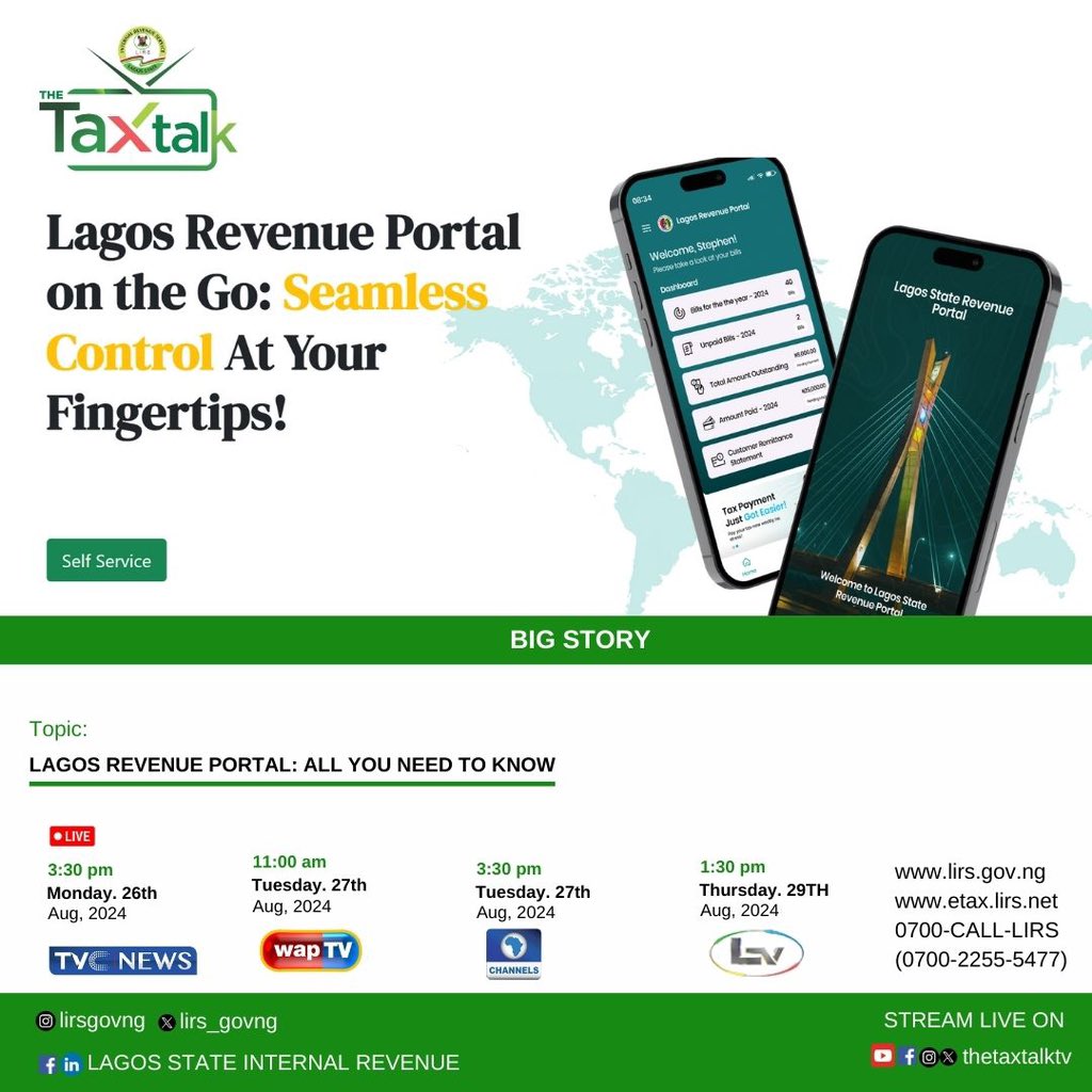 lasg_lrp's tweet photo. Watch this Week's Big Story on Tax Talk @TheTaxtalkTv : "Lagos Revenue Portal (LRP) on the Go: Seamless Control At Your Fingertips" on the following channels:

TVC News @tvcnewsng (DSTV CH. 418, GOTV CH. 25 and STARTIMES CH. 307)
Date: Monday, August 26th, 2024
Time: 3:30pm https://t.co/6PjMXUTbeS