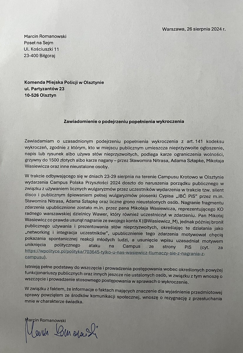 RomanowskiPL's tweet image. W związku z bulwersującymi, wulgarnymi zachowaniami na @Campus_Polska złożyłem zawiadomienie o podejrzeniu popełnienia wykroczenia z art. 141 kodeksu wykroczeń.