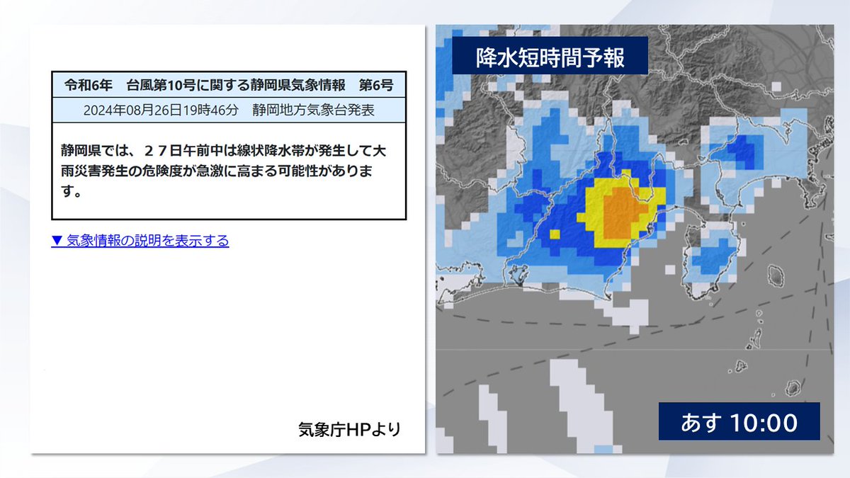 watabe_weather's tweet photo. 【警戒】きょう午後8時前、#静岡県 に #線状降水帯予測情報 が発表されました。県内ではあす27日（火）に #線状降水帯 が発生し、大雨災害の危険度が急激に高まる恐れがあります。あすは普段より大雨への警戒を高めて、気象状況の急速な悪化に注意をしてお過ごしください。
#静岡 #大雨 https://t.co/ZjVcE7siYe