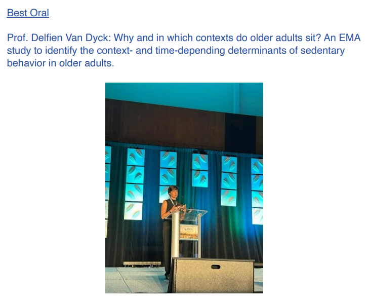 PA & Health (@pa_health_ugent) on Twitter photo Happy to share that <a href="/DelfienVD/">Delfien Van Dyck</a> received the <a href="/ISBNPA/">ISBNPA</a> Aging SIG award for the best oral presentation! 🎉 The winning EMA study, conducted by <a href="/ElienLebuf/">Elien Lebuf</a>, shines a light on the contexts in which older adults are sedentary. Congrats to the team! 👏 #ISBNPA2024 Happy to share that <a href="/DelfienVD/">Delfien Van Dyck</a> received the <a href="/ISBNPA/">ISBNPA</a> Aging SIG award for the best oral presentation! 🎉 The winning EMA study, conducted by <a href="/ElienLebuf/">Elien Lebuf</a>, shines a light on the contexts in which older adults are sedentary. Congrats to the team! 👏 #ISBNPA2024