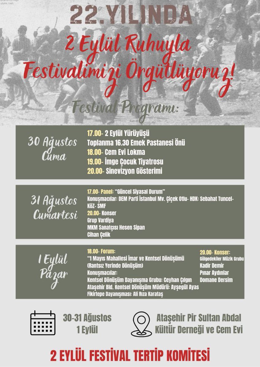 1 Mayıs Mahallesi 2 Eylül direnişçilerini bir kez daha anıyor, tüm dostları mahalle festivallerini sahiplenmeye, yan yana olmaya çağırıyoruz...
Gelin, 2 Eylül direnişi sahnesinde, kurtuluş türkülerimizi hep birlikte söyleyelim. 

#2Eylül1977
#1MayısMahallesi