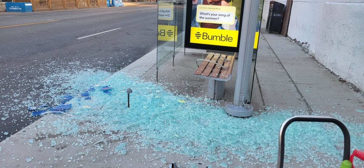 Hey <a href="/311Toronto/">311 Toronto</a> can we please get a cleanup ASAP of this shattered glass from the transit shelter at Ossington and Queen St W (alongside 21 Ossington)? 

Not sure what may have caused it…
