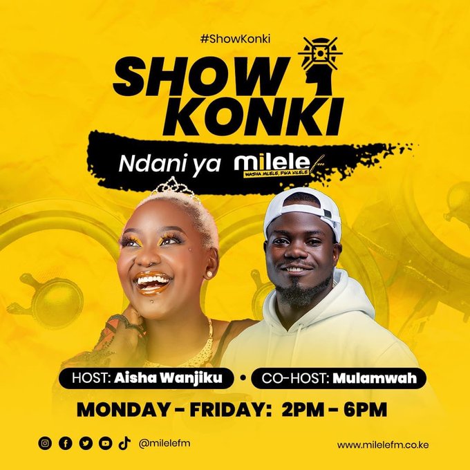 Milele FM (@milele_fm) on Twitter photo Karibu ndani ya show konki kuanzia 2.00pm hadi 6.00pm. Unasikiliza show ukiwa wapi? #ShowKonki
<a href="/AishaWanjiku_/">Malkia wa kizazi kipya 🌟</a>
<a href="/mulamwah/">MULAMWAH™</a> Karibu ndani ya show konki kuanzia 2.00pm hadi 6.00pm. Unasikiliza show ukiwa wapi? #ShowKonki
<a href="/AishaWanjiku_/">Malkia wa kizazi kipya 🌟</a>
<a href="/mulamwah/">MULAMWAH™</a>