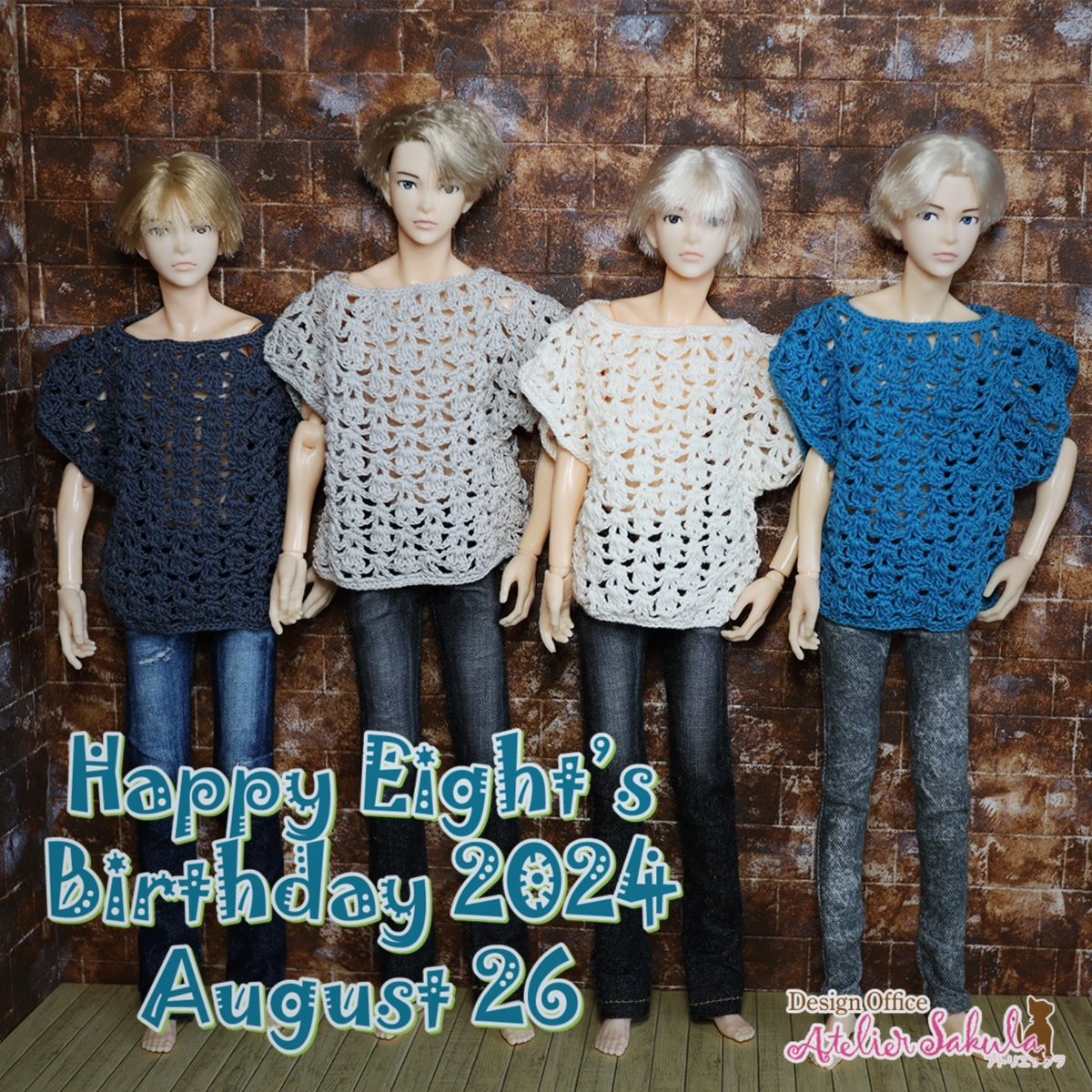 atsakula's tweet photo. 六分の一男子図鑑エイトくんのお誕生日とのこと（初代の出荷日）💕
お誕生日おめでとうございます🎂🎉
今年もお祝いできて嬉しいです〜❤️‍🩹

#六分の一男子図鑑
#六分の一男子図鑑エイト
#ドールニット 
#dollknitting 
#レース編み 
#ペットワークス 
#petworks https://t.co/ftGw0YgOPD