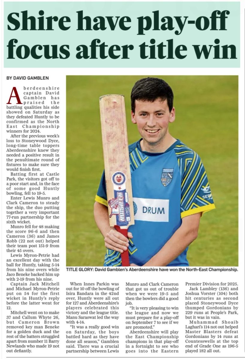 <a href="/AberdeenshireCC/">AberdeenshireCC</a> defeat <a href="/HuntlyCricket/">Huntly Cricket Club</a> to become #NorthEastChampionship #Winners 👏 #DavidGamblen #Skipper and article writer 😂
<a href="/StoneywoodDyce/">Stoneywood Dyce</a> defeat <a href="/Gordos_JCC/">Gordonians CC Juniors</a> 
<a href="/MBACCABN/">Master Blasters Aberdeen</a> also defeat #Gordonians 2s