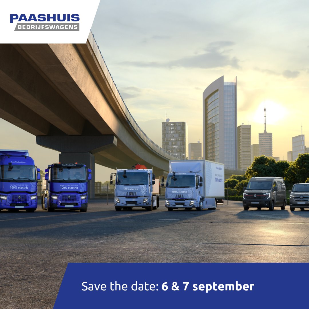 📍Save the date! 6 &amp; 7 september
Komt u op 6 of 7 september ook naar de Renault Trucks E-Tech Roadshow bij Paashuis Bedrijfswagens in Lichtenvoorde? 
👇
Wilt u alvast een voorproefje? Ga naar onze website en bekijk het volledige programma. paashuis.com/renault-trucks…
#renaultetech
