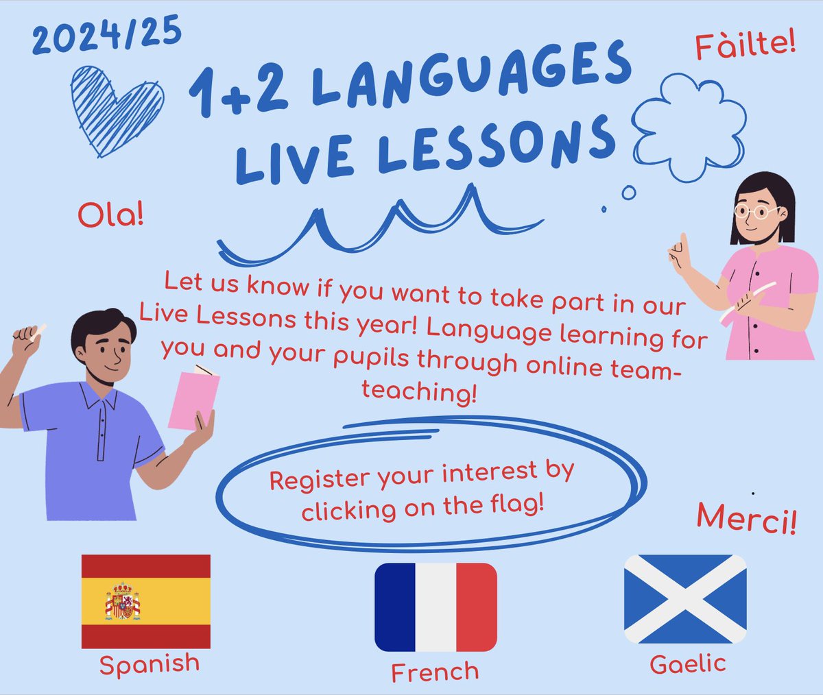 Northern Alliance Langs (@alliancelangs) on Twitter photo Have you signed up for 1+2 Languages Live Lessons yet?Language Learning for you and your pupils through online team teaching. Suitable from P4 upwards.
More details and sign-up here: canva.com/design/DAGHd9D…
<a href="/abc_OCTF/">Argyll and Bute Council Education Service</a> <a href="/EduAberdeen/">Education Aberdeen</a> Have you signed up for 1+2 Languages Live Lessons yet?Language Learning for you and your pupils through online team teaching. Suitable from P4 upwards.
More details and sign-up here: canva.com/design/DAGHd9D…
<a href="/abc_OCTF/">Argyll and Bute Council Education Service</a> <a href="/EduAberdeen/">Education Aberdeen</a>