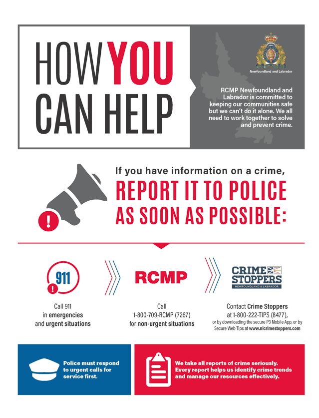 Due to many complaints received regarding the increase in crime over the past couple weeks, the Town encourages its residents that if they witness a crime or have information regarding a crime to contact our local Burin Peninsula RCMP or Crimestoppers.