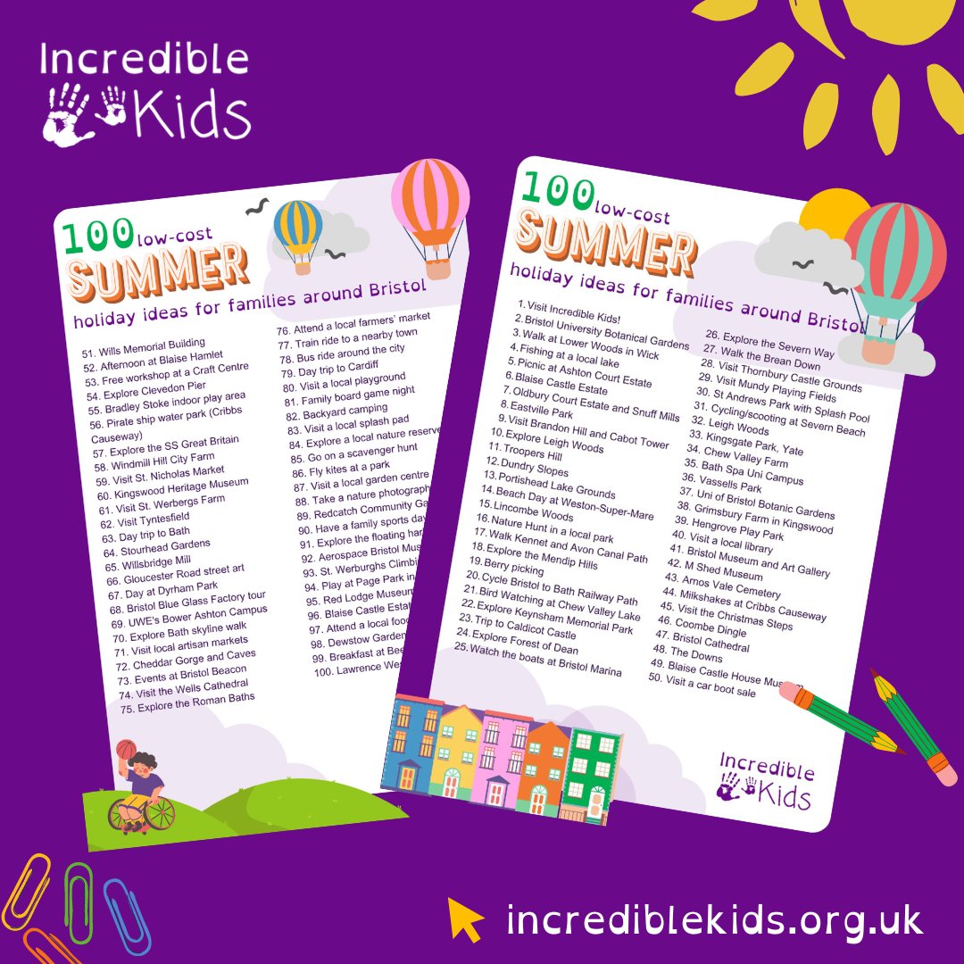 Need inspiration for the final push of the school holidays?
Here's our list of 100 low-cost activity ideas for families around Bristol. 🛴 🎨 

We offer play sessions every Tues, Weds, Fri and Sat!

Download your resource 👉incrediblekids.org.uk/wp-content/upl…