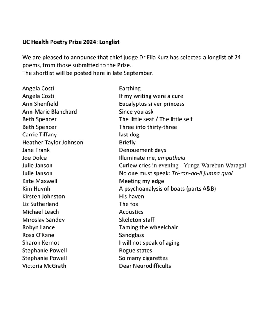 Honoured to have made the longlist for this year's <a href="/UniCanberra/">University of Canberra</a> Health #Poetry Prize! It feels surreal to appear on this list with so many amazingly talented poets. My thanks to chief judge Dr Ella Kurz &amp; congrats to everyone listed!
canberra.edu.au/research/centr…
#healthhumanities