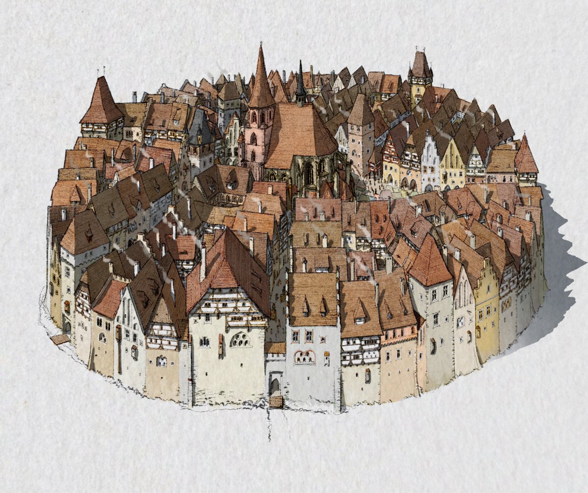 Took a while, but finished a sketch of a small circular southern german city set around the mid 15th century.

I drew it using procreate on iPad ✨