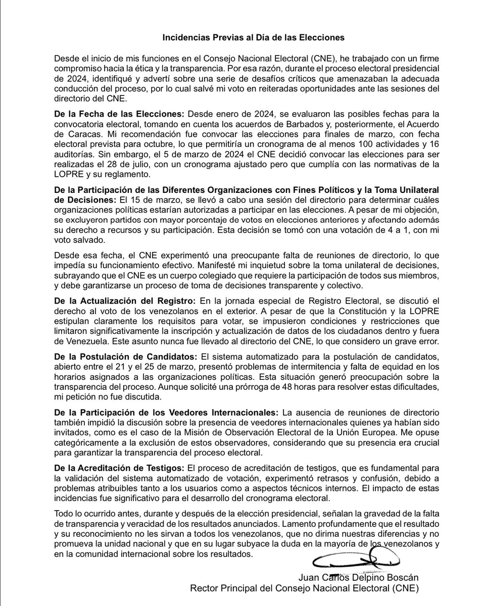 eldiario's tweet photo. #26Ago | Juan Carlos Delpino (@delpinojuan), rector principal del CNE, emitió un comunicado sobre las irregularidades que se registraron durante la jornada electoral del #28Jul. 

Delpino detalló que en el proceso electoral se evidenció el incumplimiento de normas y reglamentos como el desalojo de testigos electorales de la oposición durante el cierre de mesas. 

También explicó que no estuvo de acuerdo con la falta de publicación de los resultados mesa por mesa y que no asistió a la convocatoria del TSJ porque considera que "la resolución del conflicto debe establecerse dentro del propio organismo electoral".
