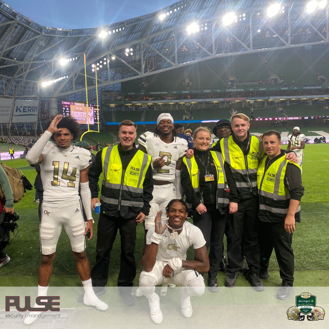 PulseSecurityM1's tweet image. Proud of Pulse Security for managing safety at the 2024 Aer Lingus College Football Classic at Aviva Stadium! 🏈 Congrats to Georgia Tech on their 24-21 win over Florida State! 🎉 Thanks to our team for ensuring a secure, memorable event from pep rallies to game day! 
🌟