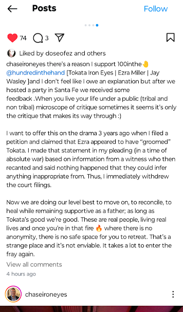 nighttimerain1's tweet image. Chase Iron Eyes’ (father of Tokata) statement on alleged grooming by Ezra Miller. The witness admitted to lying; there was no grooming or abuse. All those bizarre stories about Ezra on social media are lies. #truth #healing #EzraMiller