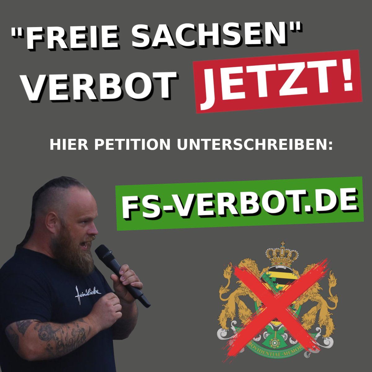 Wir fordern mit der Petition "Freie Sachsen verbieten" die Einleitung eines Verbotsverfahrens gegen die rechtsextremen Freien Sachsen und den Entzug der Parteienfinanzierung und Spendenprivilegien.

Wir müssen jetzt handeln! Zeichnet unsere Petition mit:

fs-verbot.de