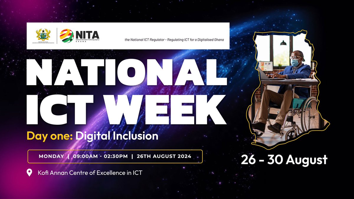 NITAGhana's tweet photo. The National ICT WEEK starts today with the focus on Digital Inclusion.
Kind stay tuned for live updates on all our social media platforms.
Use the hashtag #NationallCTWeek24 and #NICTW to be interactive.
#NationalICTWeek24 #NICTW #NITAGhana #Tech #technology #gamers https://t.co/tp7mII3DZc