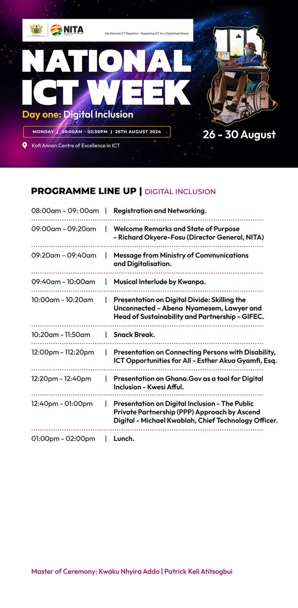 NITAGhana's tweet photo. The National ICT WEEK starts today with the focus on Digital Inclusion.
Kind stay tuned for live updates on all our social media platforms.
Use the hashtag #NationallCTWeek24 and #NICTW to be interactive.
#NationalICTWeek24 #NICTW #NITAGhana #Tech #technology #gamers https://t.co/tp7mII3DZc