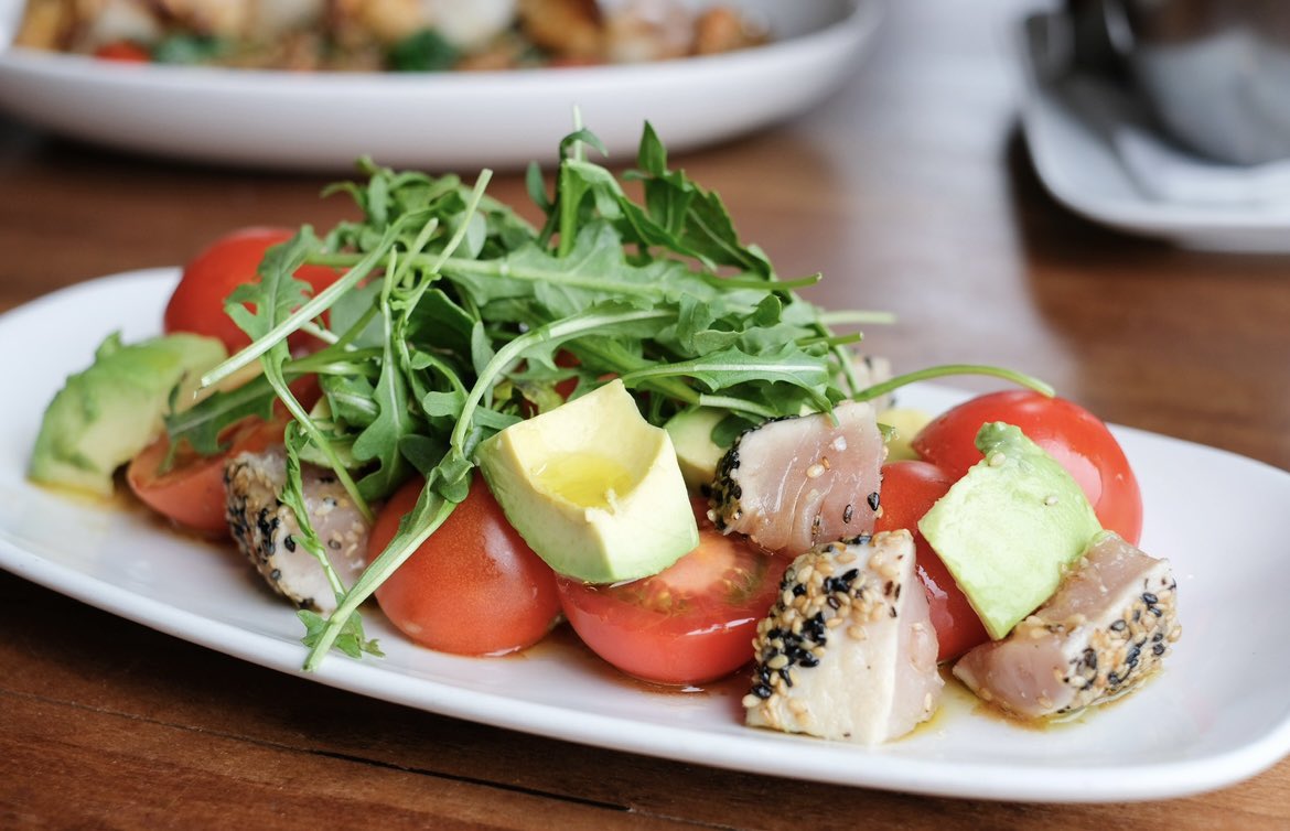 The best salad this summer: AVOCADO, TOMATO &amp; ALBACORE TUNA (sesame crusted Albacore tuna, Thai basil, ponzu) 😋