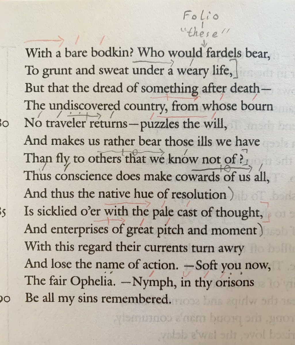 8Dawntreader8's tweet photo. To be or not to be…

A few special pointers here.

Line 68 has only 8 syllables. That’s because there’s a silent foot after the word “pause”! /1

#DailyMonologue #Hamlet #ToBeOrNotToBe #Shakespeare #BlankVerse #scansion #iambic #pentameter #poetry #prosody #PoeticMeter https://t.co/woPS6FZ74f