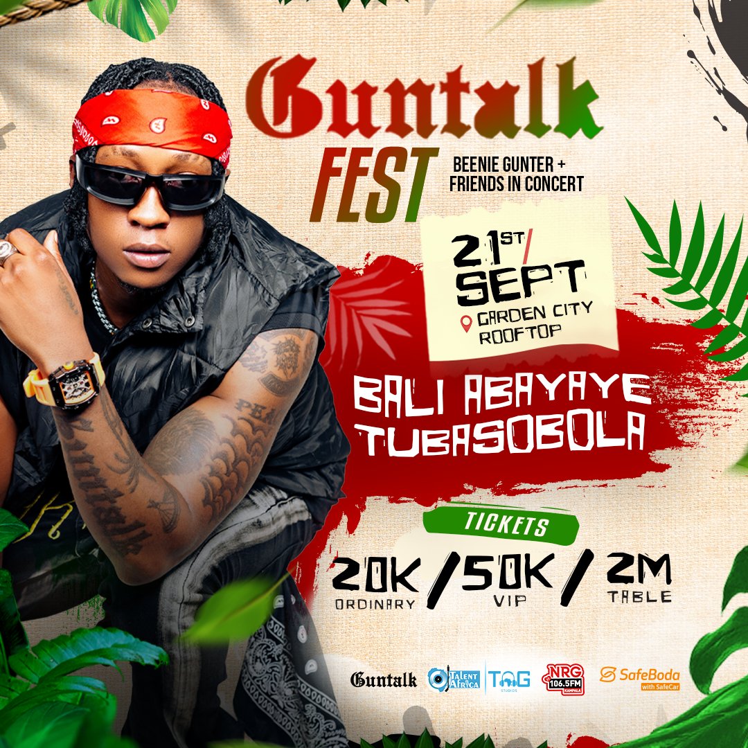 _ronald_muyanja's tweet photo. What is your favorite song from Beenie Gunter, come and join him for the #GuntalkFest on 21st September at Garden City Roof Top and we sing along.😋😉😄 

#BaliAbayayeTubasobola 

@beenieguntalk https://t.co/mH8K1DUjS4