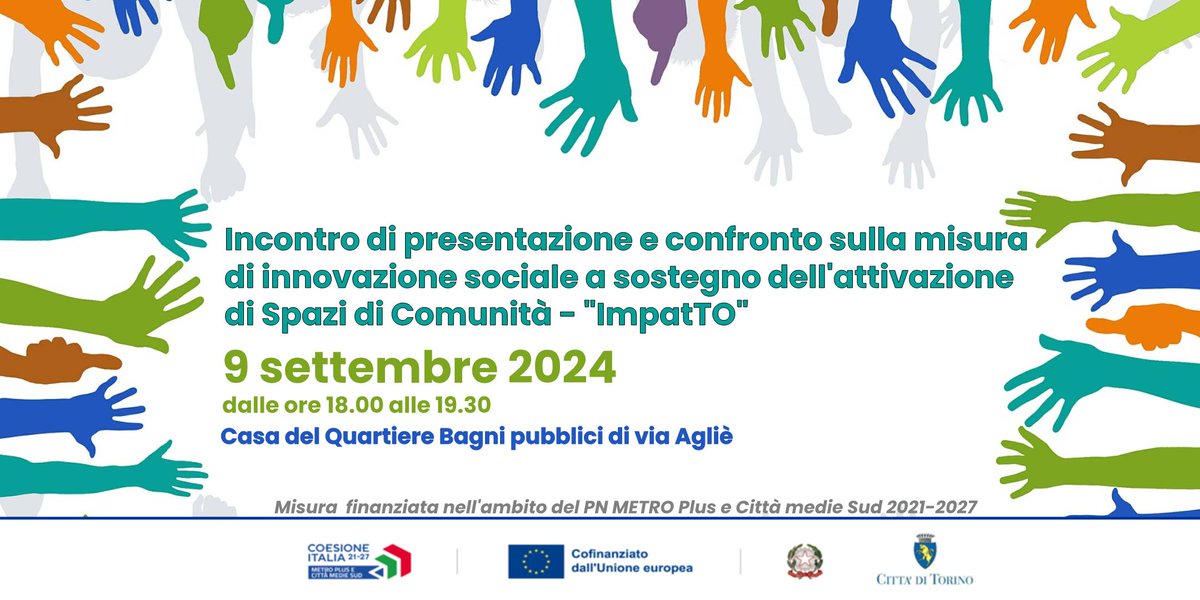 📆9.09.2024 presso <a href="/bagni_pubblici/">Bagni Pubblici</a> di via Agliè, <a href="/twitorino/">Città di Torino</a> organizza un 'Incontro di presentazione e confronto sulla misura di innovazione sociale a sostegno dell'attivazione di Spazi di Comunità - "ImpatTO".

Scopri di più ➡️bit.ly/4cAof00