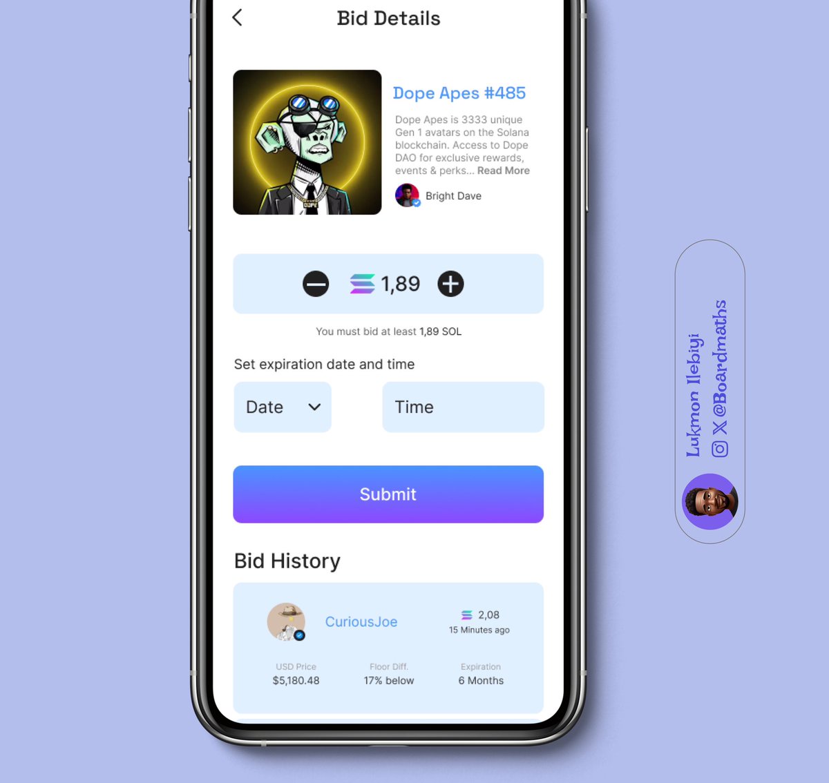 Olabodedesigns's tweet photo. Day 26 of 31-Day Design Challenge: Designing an NFT Bidding Screen 🎨

The goal was to create a clear and intuitive interface that guides users through the process of placing a bid, making it easy for anyone to participate in the NFT marketplace. https://t.co/7FSnEIIwTW