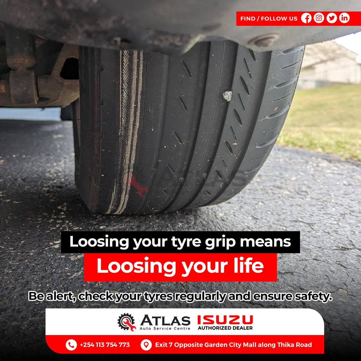 Don't let a flat tire become a flat out disaster.⚠️

Worn tires can compromise your grip on the road, putting you and others at risk.Visit Atlas Auto Service Centre and get quality tryes.🚗💪 #howcanwehelp #TireCare #DriveSafe #SafetyFirst #PresidentialTownHall #WOLCHE #Safaricom