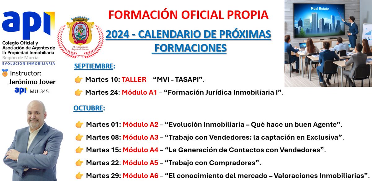 COAPIMURCIA's tweet photo. ¿Quieres aprender a ser un buen #agenteinmobiliario ? Anota estas fechas en tu 📷 calendario y asiste a nuestra formación oficial.
#api #inmobiliaria #Murcia https://t.co/JTwt1X1vZ3