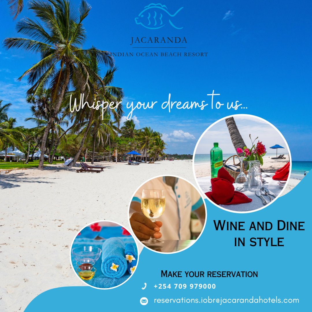 Jacaranda Indian Ocean Beach Resort isn’t just a place to stay, it’s an experience.Don’t just dream it, live it.

Call us on: 0709 979000
Email: reservations.iobr@jacarandahotels.com
#Safaricom #Helb #MainaAndKingangi #WOLCHE #Starlink #Events #Jacaranda #Mondaymotivaion #Swaleh