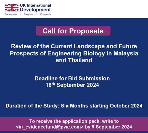 UKinMalaysia's tweet photo. Call for proposals 📢

We invite research proposals to conduct review of the current landscape and future prospects of Engineering Biology in Malaysia and Thailand.

The study should be completed within 6 months (starting early October 2024) with a maximum budget of £80,000. https://t.co/R7nPdm2VGw