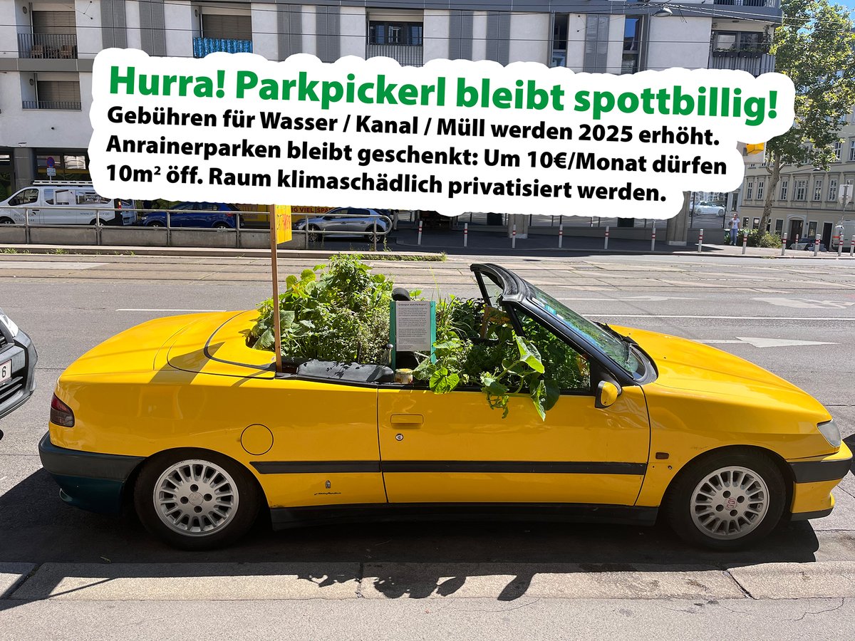 BleningerDaniel's tweet photo. Gute Nachrichten für Cabriobesitzer: Anrainerparken wird auch 2025 nicht teurer! Das Menschenrecht auf einen geschenkten Parkplatz vor der Haustür wird von der @Stadt_Wien weiterhin respektiert. Manche nennen es klimaschädliche Subvention – ich nenne es geförderter Kräutergarten. https://t.co/qHrTOmluOG
