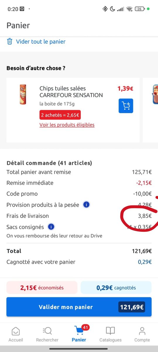 ptit__dav's tweet photo. @CarrefourSAV 
J'ai un code promo de 10€ dès 120€ d'achat mais cette promo ne s'applique que si mon reste à  payer est de 120€ après déduction de la promo. De plus, j'ai des frais de livraison de 3,85€ alors que je fais un drive avec créneau de retrait.
Pourquoi ??? https://t.co/IVOc7QHe6X