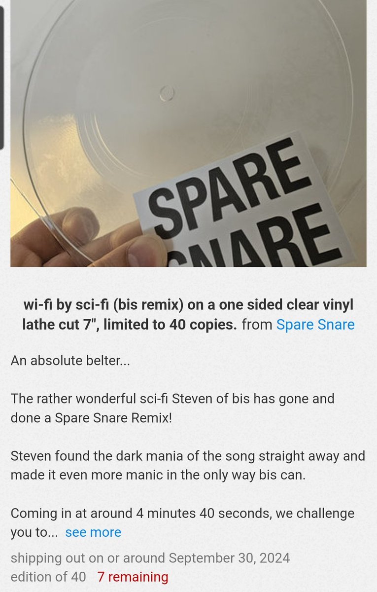 7 left.

.<a href="/thebandbis/">bis</a>
.<a href="/scifisteven/">Sci-Fi Steven</a>

sparesnare.bandcamp.com/merch/wi-fi-by…