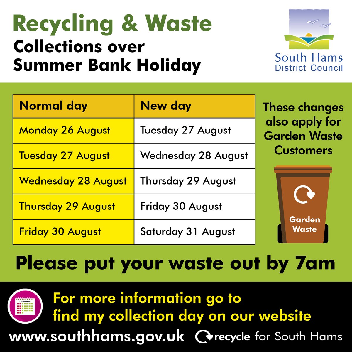 SUMMER BANK HOLIDAY RECYCLING &amp; WASTE COLLECTIONS ♻️  

Don't forget that the Bank Holiday will affect when we come to collect your recycling and waste. 

southhams.gov.uk/waste-and-recy…

#BankHoliday #recycling #SouthHams