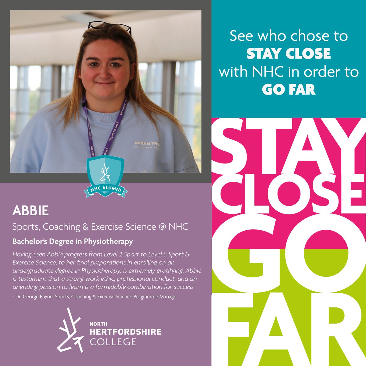 Abbie completed a Sport course at NHC - now, she will be completing a bachelor's degree in Physiotherapy 💪

Could you follow in Abbie's footsteps? 🚀

Stay Close, Go Far - explore Sports, Coaching &amp; Exercise Science Courses at NHC 👇

ow.ly/MWUo50T4L6E