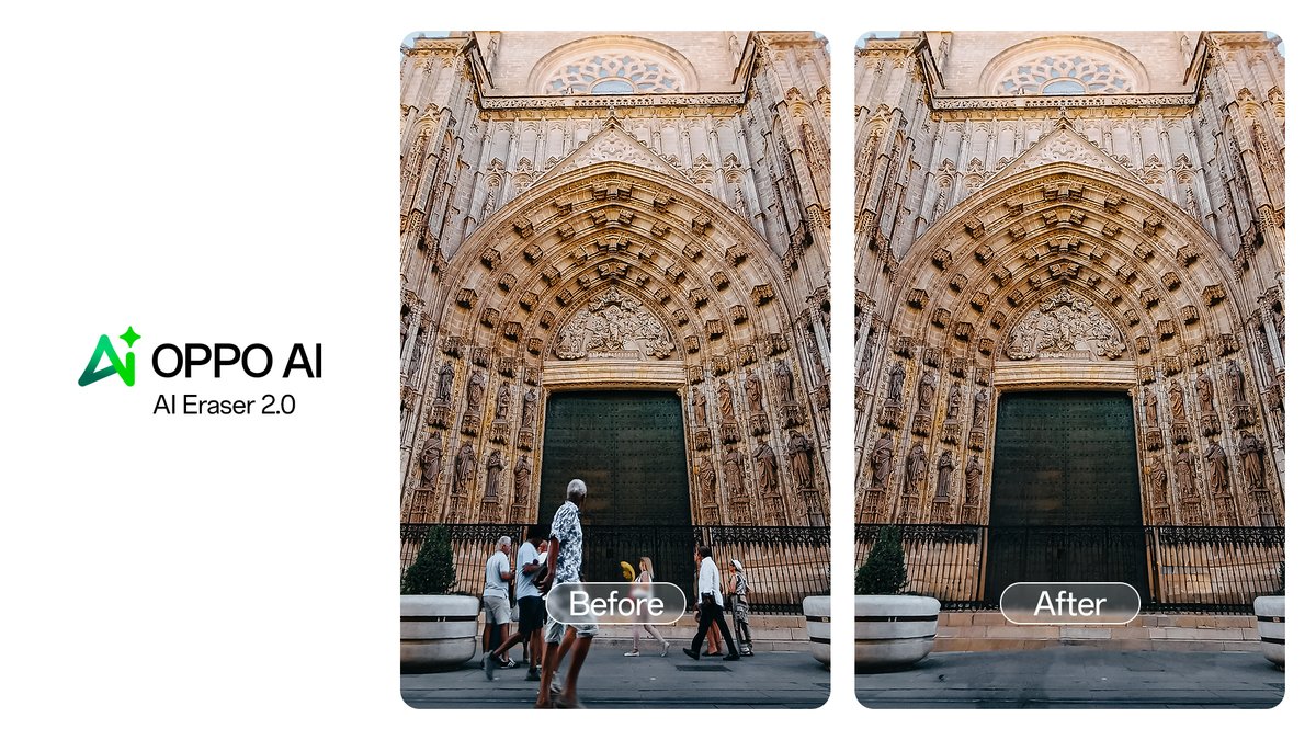 colorosglobal's tweet photo. Transforming busy Seville scenes into serene moments with #OPPOAIEraser on #ColorOS14! Remove the crowds, capture the beauty 💙💚